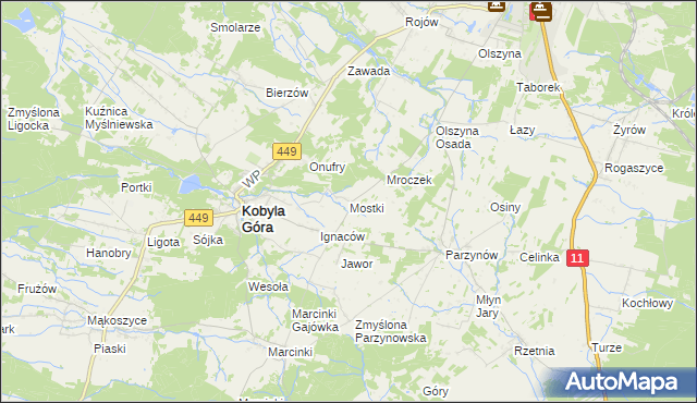 mapa Mostki gmina Kobyla Góra, Mostki gmina Kobyla Góra na mapie Targeo