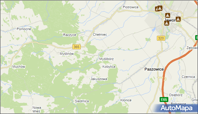 mapa Myślibórz gmina Paszowice, Myślibórz gmina Paszowice na mapie Targeo