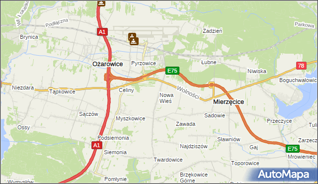 mapa Nowa Wieś gmina Mierzęcice, Nowa Wieś gmina Mierzęcice na mapie Targeo