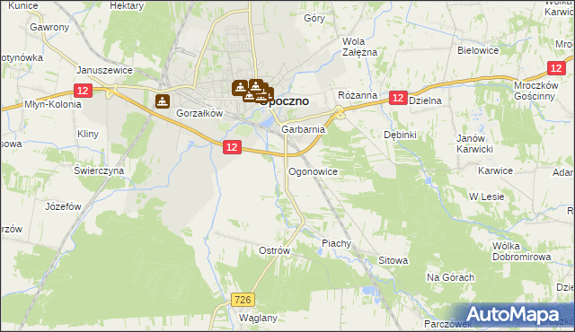 mapa Ogonowice gmina Opoczno, Ogonowice gmina Opoczno na mapie Targeo