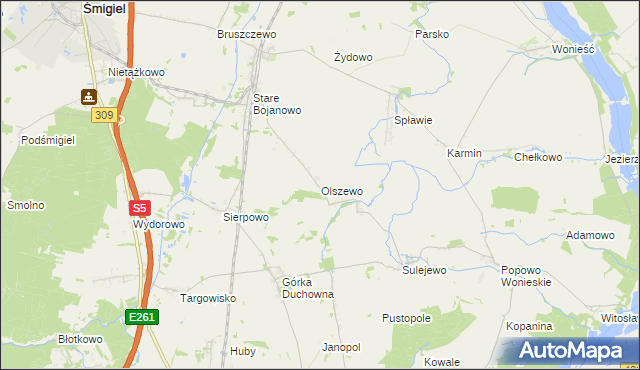 mapa Olszewo gmina Śmigiel, Olszewo gmina Śmigiel na mapie Targeo