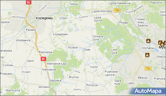 mapa Osiek gmina Koziegłowy, Osiek gmina Koziegłowy na mapie Targeo