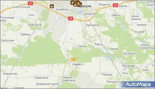 mapa Ostrów gmina Opoczno, Ostrów gmina Opoczno na mapie Targeo