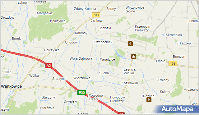 mapa Parądzice, Parądzice na mapie Targeo