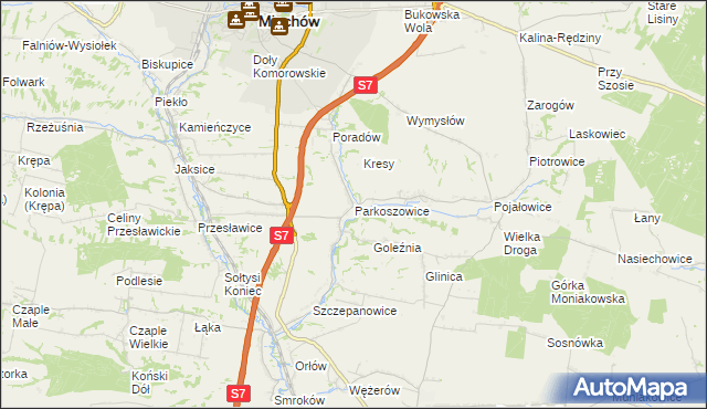 mapa Parkoszowice gmina Miechów, Parkoszowice gmina Miechów na mapie Targeo