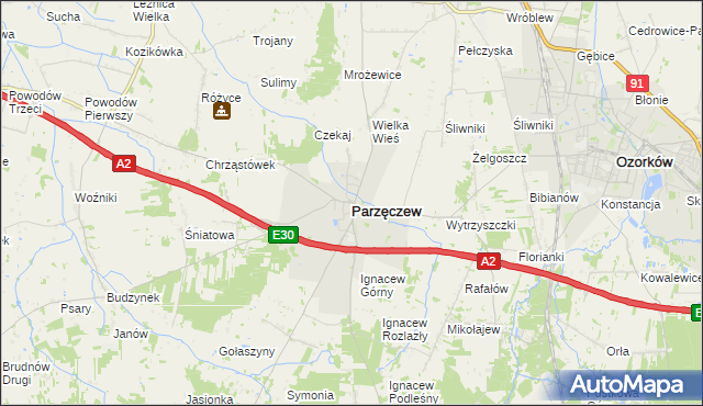 mapa Parzęczew powiat zgierski, Parzęczew powiat zgierski na mapie Targeo