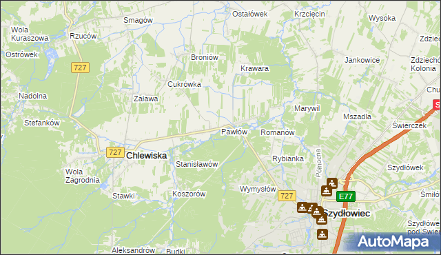 mapa Pawłów gmina Chlewiska, Pawłów gmina Chlewiska na mapie Targeo