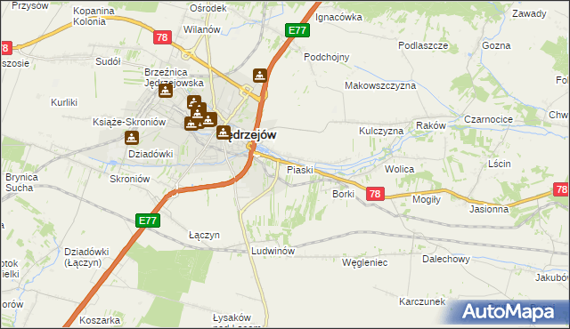 mapa Piaski gmina Jędrzejów, Piaski gmina Jędrzejów na mapie Targeo