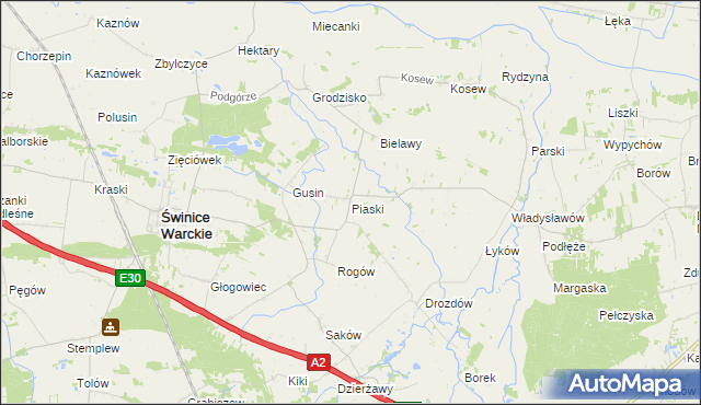 mapa Piaski gmina Świnice Warckie, Piaski gmina Świnice Warckie na mapie Targeo