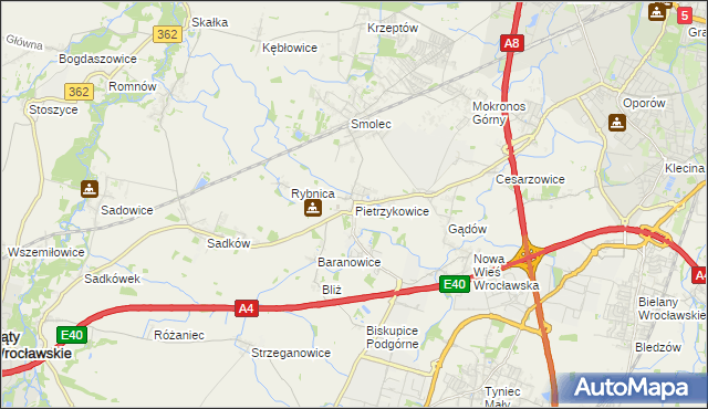 mapa Pietrzykowice gmina Kąty Wrocławskie, Pietrzykowice gmina Kąty Wrocławskie na mapie Targeo