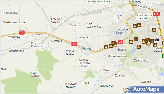 mapa Płoskie gmina Zamość, Płoskie gmina Zamość na mapie Targeo