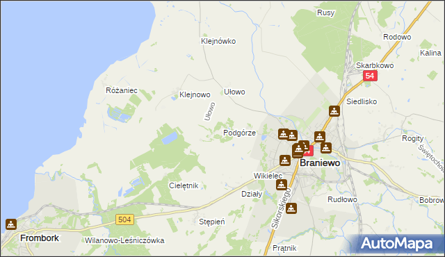 mapa Podgórze gmina Braniewo, Podgórze gmina Braniewo na mapie Targeo