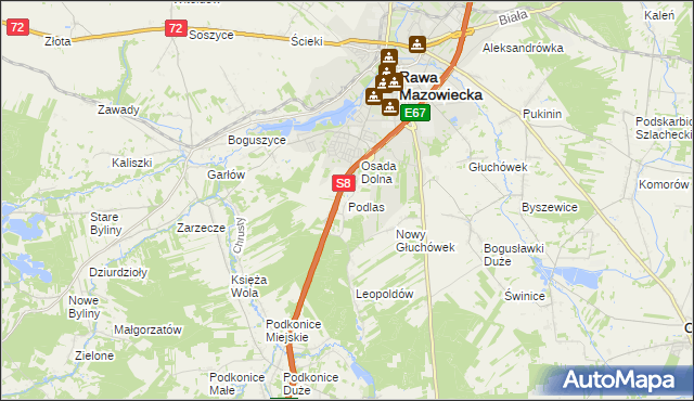 mapa Podlas gmina Rawa Mazowiecka, Podlas gmina Rawa Mazowiecka na mapie Targeo