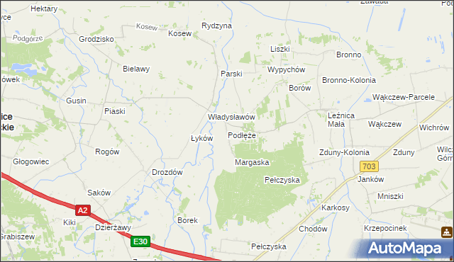 mapa Podłęże gmina Świnice Warckie, Podłęże gmina Świnice Warckie na mapie Targeo