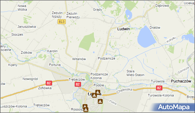 mapa Podzamcze gmina Łęczna, Podzamcze gmina Łęczna na mapie Targeo