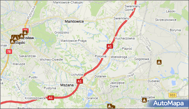 mapa Połomia gmina Mszana, Połomia gmina Mszana na mapie Targeo