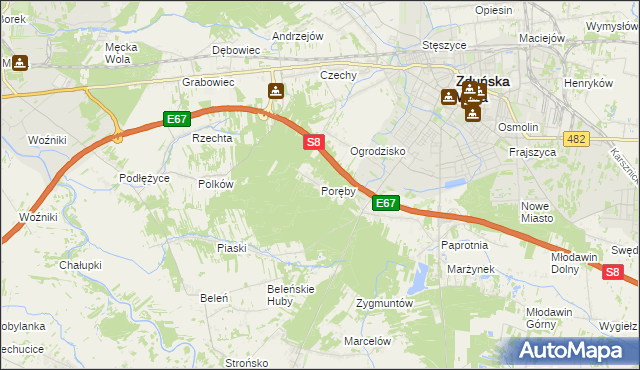 mapa Poręby gmina Zduńska Wola, Poręby gmina Zduńska Wola na mapie Targeo