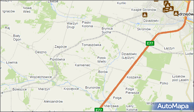 mapa Potok Wielki gmina Jędrzejów, Potok Wielki gmina Jędrzejów na mapie Targeo