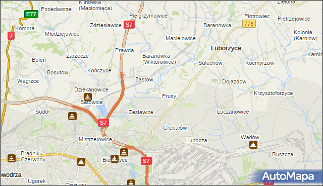 mapa Prusy gmina Kocmyrzów-Luborzyca, Prusy gmina Kocmyrzów-Luborzyca na mapie Targeo