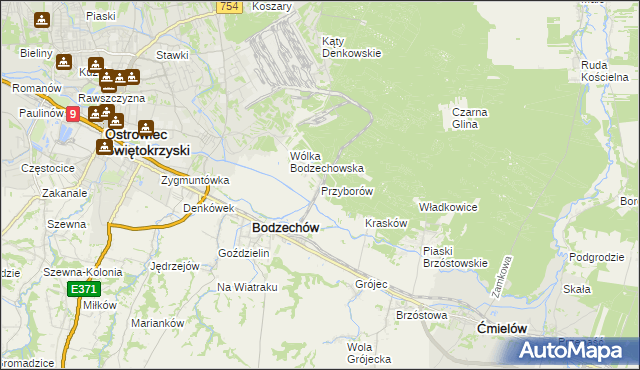 mapa Przyborów gmina Bodzechów, Przyborów gmina Bodzechów na mapie Targeo