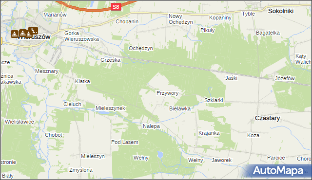 mapa Przywory gmina Czastary, Przywory gmina Czastary na mapie Targeo