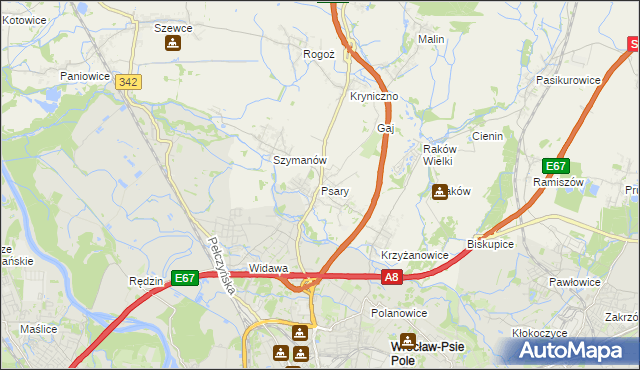 mapa Psary gmina Wisznia Mała, Psary gmina Wisznia Mała na mapie Targeo