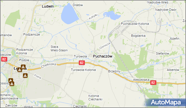 mapa Puchaczów powiat łęczyński, Puchaczów powiat łęczyński na mapie Targeo