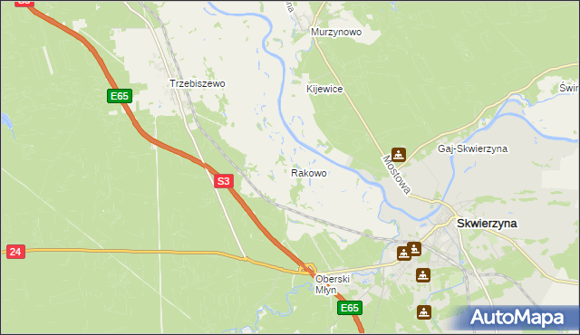 mapa Rakowo gmina Skwierzyna, Rakowo gmina Skwierzyna na mapie Targeo