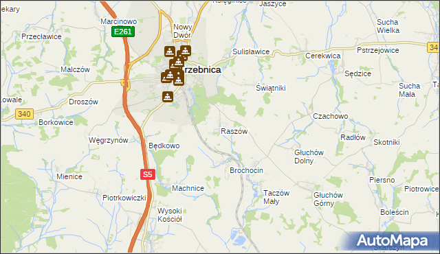 mapa Raszów gmina Trzebnica, Raszów gmina Trzebnica na mapie Targeo