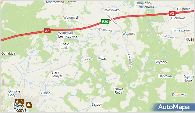 mapa Róża gmina Nowy Tomyśl, Róża gmina Nowy Tomyśl na mapie Targeo