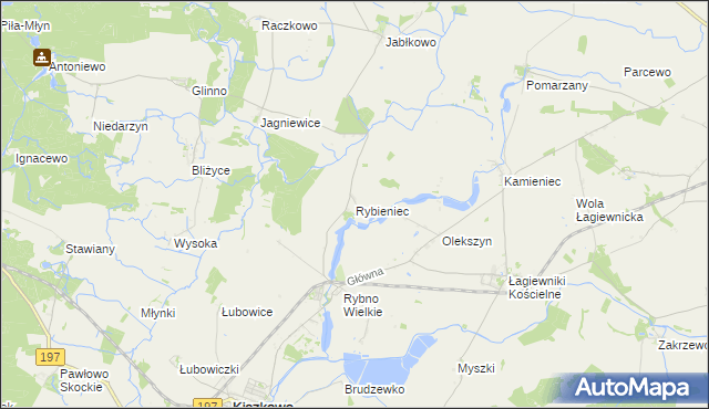 mapa Rybieniec gmina Kiszkowo, Rybieniec gmina Kiszkowo na mapie Targeo