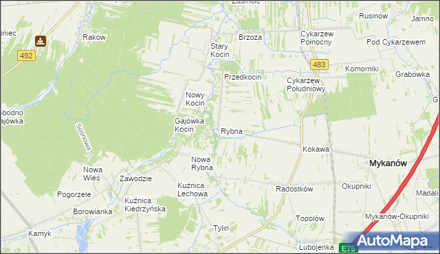 mapa Rybna gmina Mykanów, Rybna gmina Mykanów na mapie Targeo