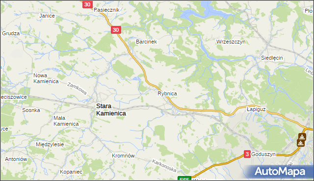 mapa Rybnica gmina Stara Kamienica, Rybnica gmina Stara Kamienica na mapie Targeo