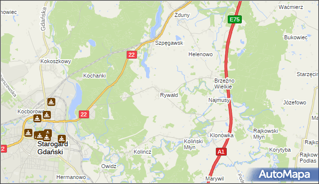 mapa Rywałd gmina Starogard Gdański, Rywałd gmina Starogard Gdański na mapie Targeo