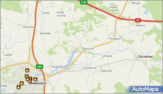 mapa Rzeczyca gmina Świebodzin, Rzeczyca gmina Świebodzin na mapie Targeo