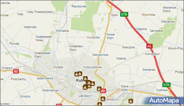 mapa Sieciechów gmina Kutno, Sieciechów gmina Kutno na mapie Targeo