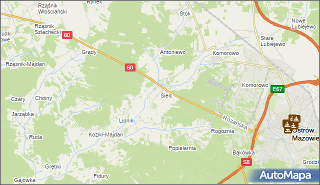 mapa Sielc gmina Ostrów Mazowiecka, Sielc gmina Ostrów Mazowiecka na mapie Targeo