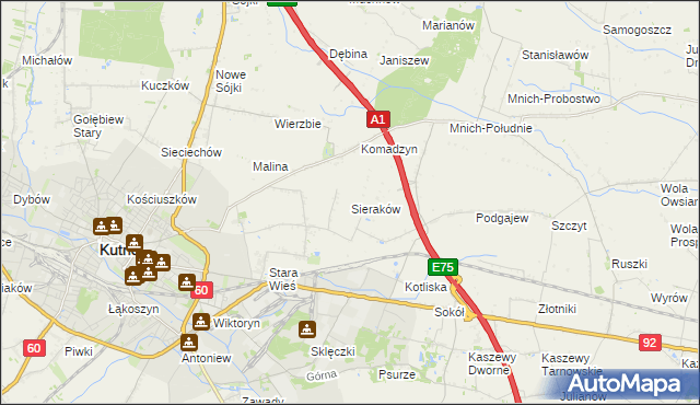 mapa Sieraków gmina Kutno, Sieraków gmina Kutno na mapie Targeo