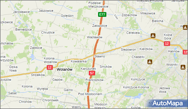 mapa Sławno gmina Wolanów, Sławno gmina Wolanów na mapie Targeo