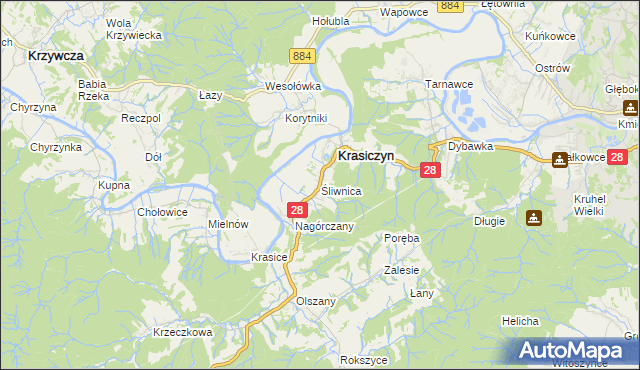 mapa Śliwnica gmina Krasiczyn, Śliwnica gmina Krasiczyn na mapie Targeo