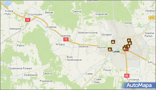 mapa Słodków gmina Turek, Słodków gmina Turek na mapie Targeo