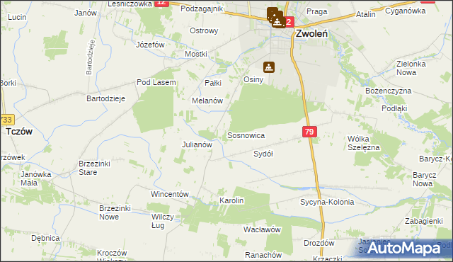 mapa Sosnowica gmina Zwoleń, Sosnowica gmina Zwoleń na mapie Targeo