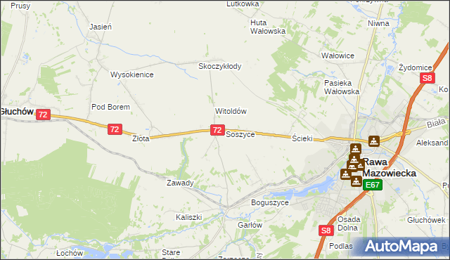 mapa Soszyce gmina Rawa Mazowiecka, Soszyce gmina Rawa Mazowiecka na mapie Targeo