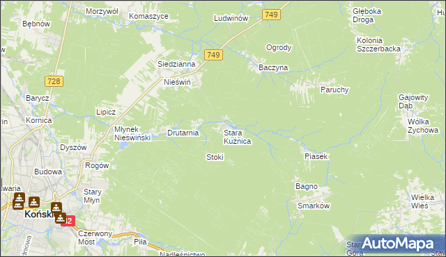 mapa Stara Kuźnica gmina Końskie, Stara Kuźnica gmina Końskie na mapie Targeo