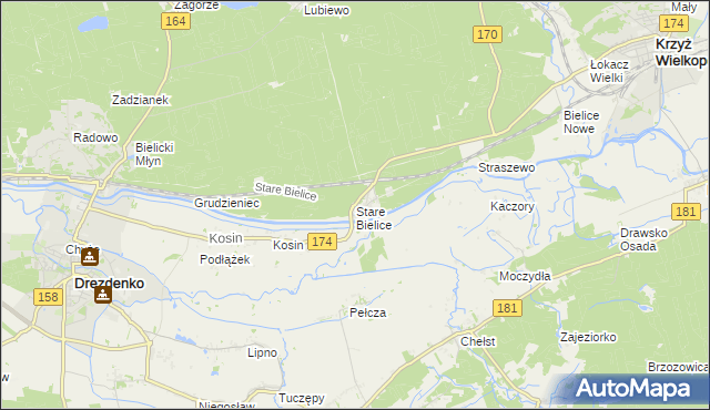 mapa Stare Bielice gmina Drezdenko, Stare Bielice gmina Drezdenko na mapie Targeo