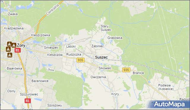 mapa Suszec powiat pszczyński, Suszec powiat pszczyński na mapie Targeo