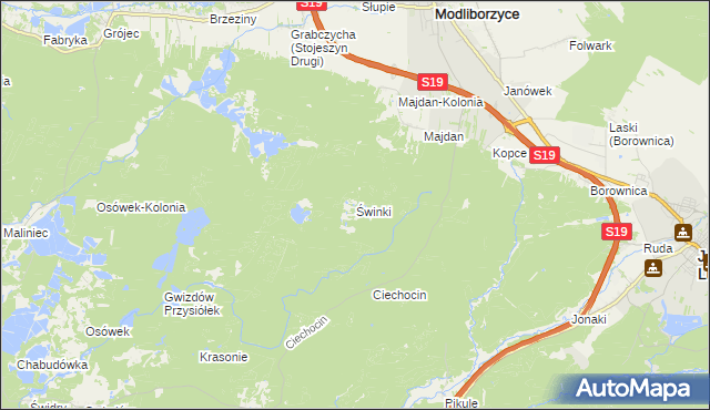 mapa Świnki gmina Modliborzyce, Świnki gmina Modliborzyce na mapie Targeo