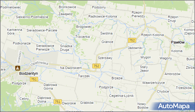 mapa Szerzawy gmina Pawłów, Szerzawy gmina Pawłów na mapie Targeo