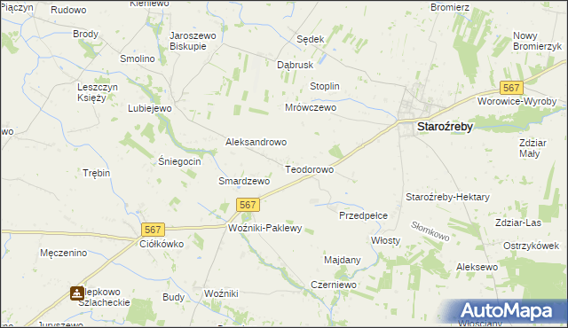 mapa Teodorowo gmina Staroźreby, Teodorowo gmina Staroźreby na mapie Targeo