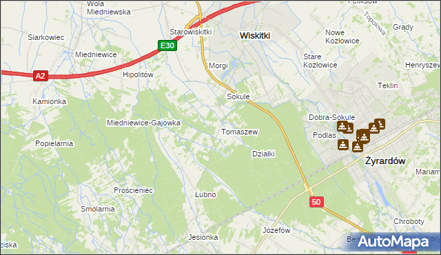 mapa Tomaszew gmina Wiskitki, Tomaszew gmina Wiskitki na mapie Targeo